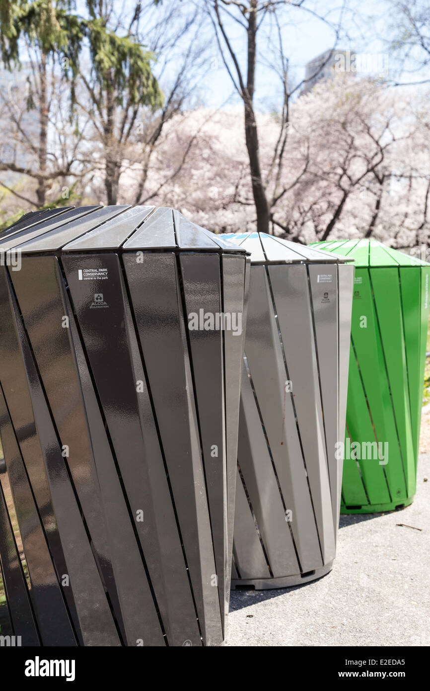 New Recycling  and Trash Bins, Central Park, NYC, USA Stock Photo
