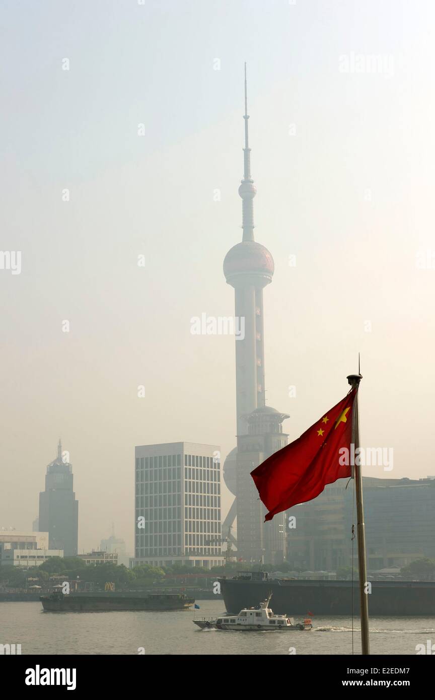 China Shanghai Bund view over Huangpu river and Pudong modern district dominated by the Oriental Pearl TV Tower by architects Stock Photo