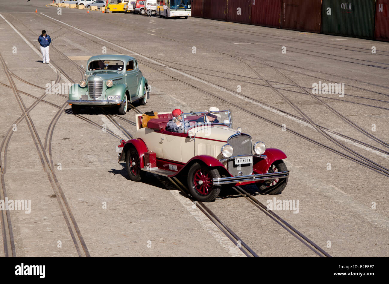 New Zealand, North Island, Napier. Vintage DeSoto cars on port dock. Stock Photo