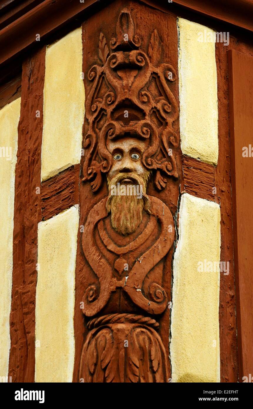 France, Haut Rhin, Kaysersberg, lane, timbered houses, the house Bohn 1601, corner post carved Stock Photo