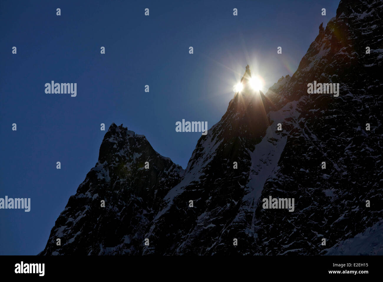 France, Haute Savoie, Chamonix Mont Blanc, sun on the Dent du Requin (3422m) Stock Photo