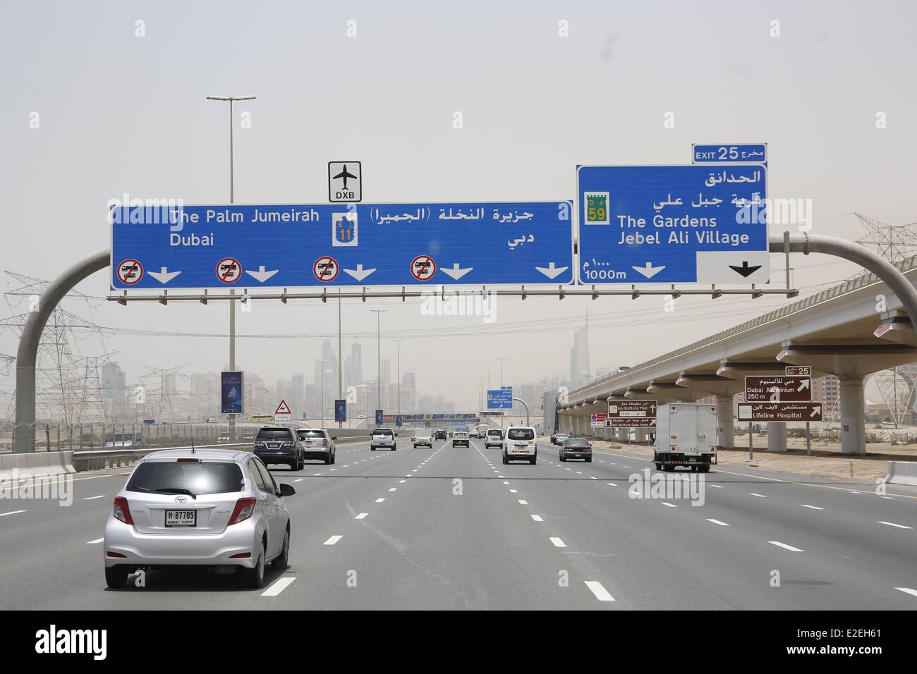 United Arab Emirates, Dubai, on Highway E11 also named Sheikh Zayed Road, which link Abu Dabi to Dubai built in1971 Stock Photo