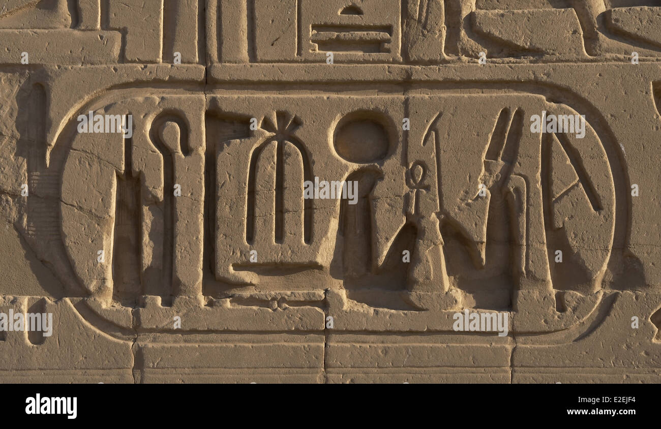 Egypt. The Karnak Temple Complex. Hieroglyphic writing. Royal protocol of Ramesses VI Nebmaatre-Meryamun. Stock Photo