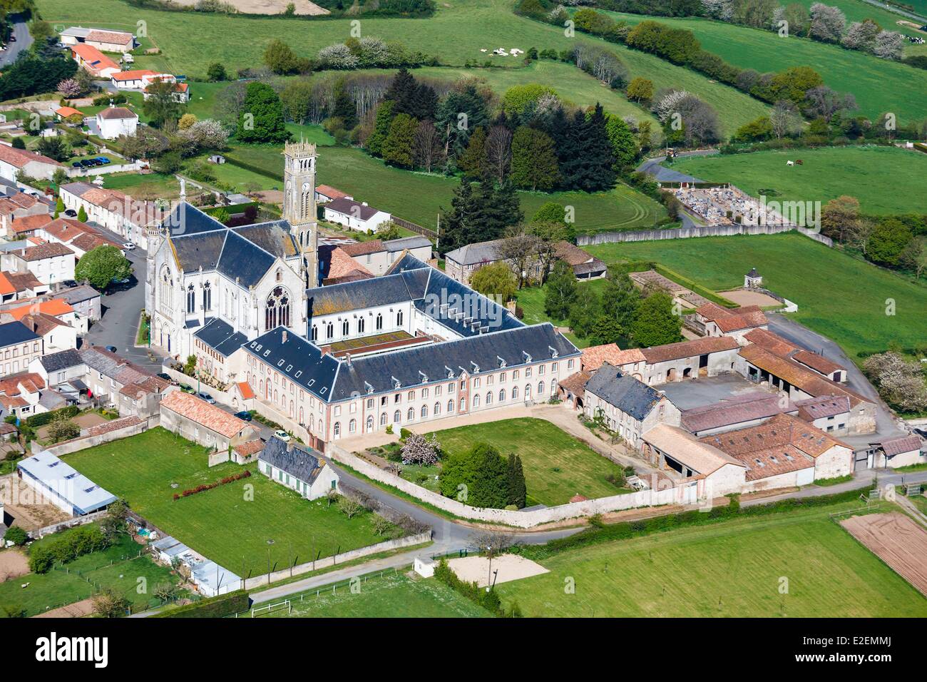 France, Maine et Loire, Saint Georges des Gardes, Abbaye Notre Dame des Gardes (aerial view) Stock Photo