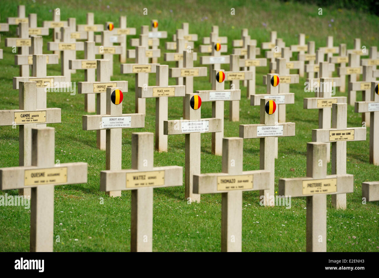 France, Ardennes, Sedan, Saint Charles Cemetery, french and belgian graves aligned Stock Photo