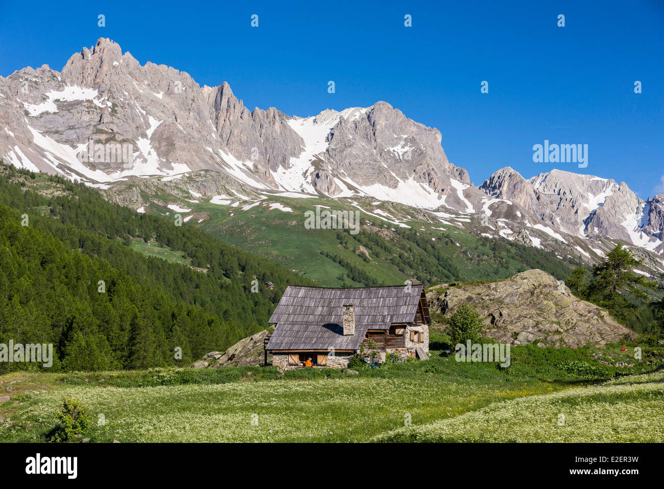 France, Hautes-Alpes, Nevache, vallee de La Claree, view of the Pointe des Cerces (3097m) Stock Photo