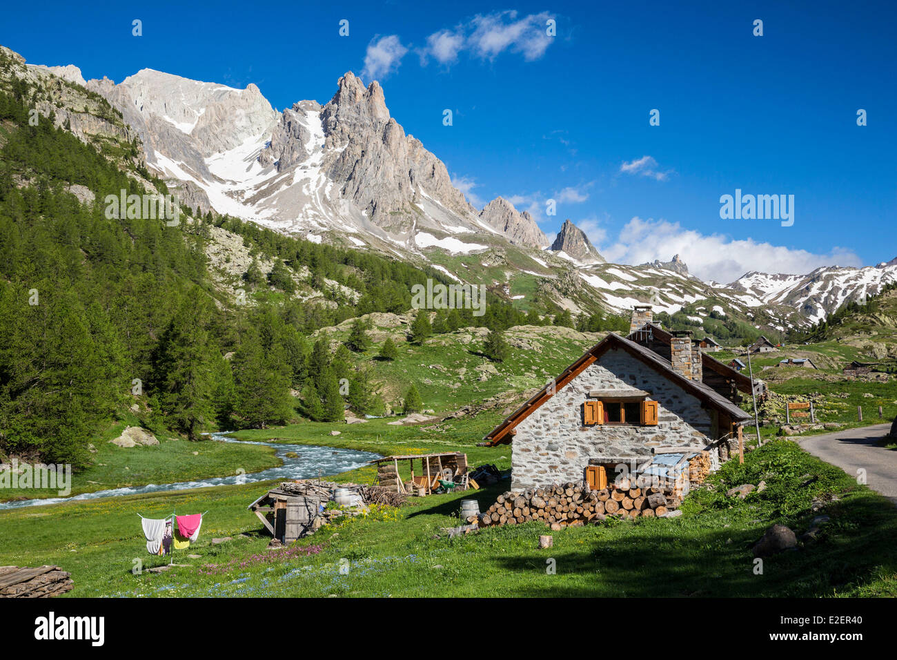 France, Hautes-Alpes, Nevache, vallee de La Claree, view of the Pointe des Cerces (3097m) Stock Photo