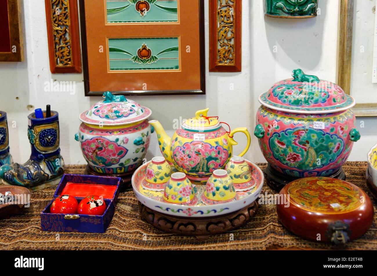 Malaysia Melaka state Malacca historic city listed as World Heritage by UNESCO Chinese district teapots in an antique store of Stock Photo
