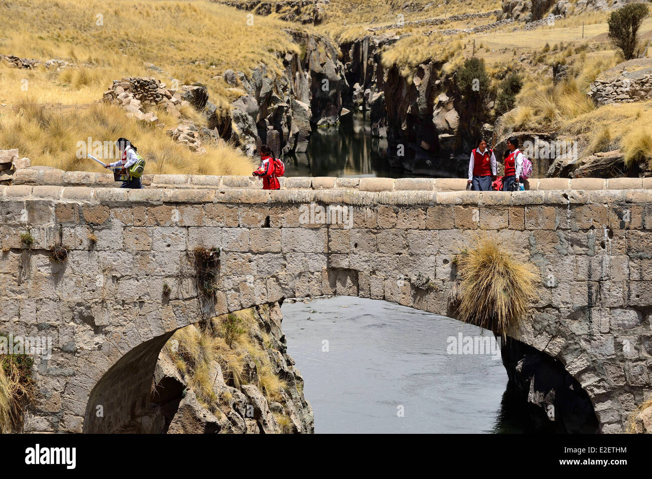 Peru Espinar province Coporaque colonial bridge Machupuente on the Rio Apurimac which then joins the Ucayali with the Maranon Stock Photo
