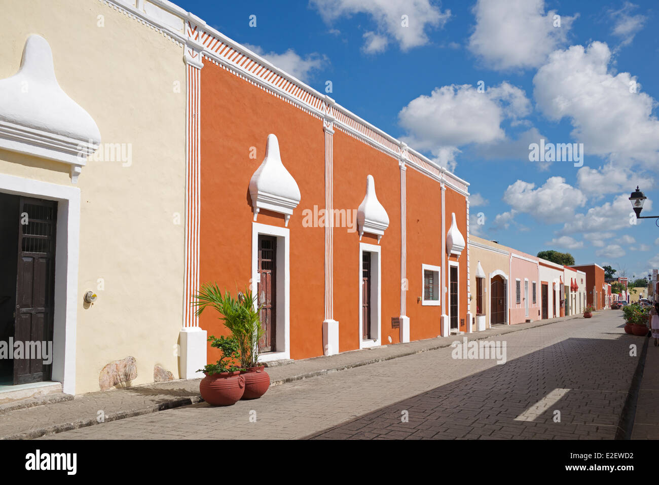 Colourful restored painted buildings Calzada de los Frailes Valladolid Yucatan Mexico Stock Photo