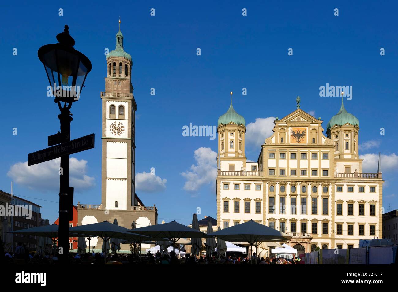 Germany, Bavaria, Augsburg, Rathausplatz, Rathaus and Perlachtower Stock Photo