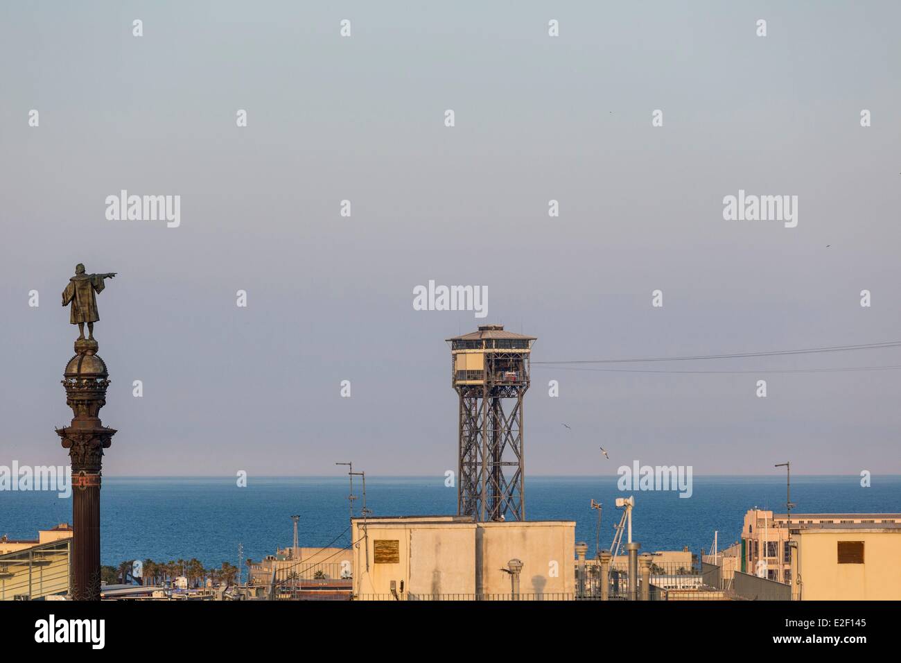 Spain, Catalonia, Barcelona, the statue of Christopher Columbus and the Port Vell Stock Photo