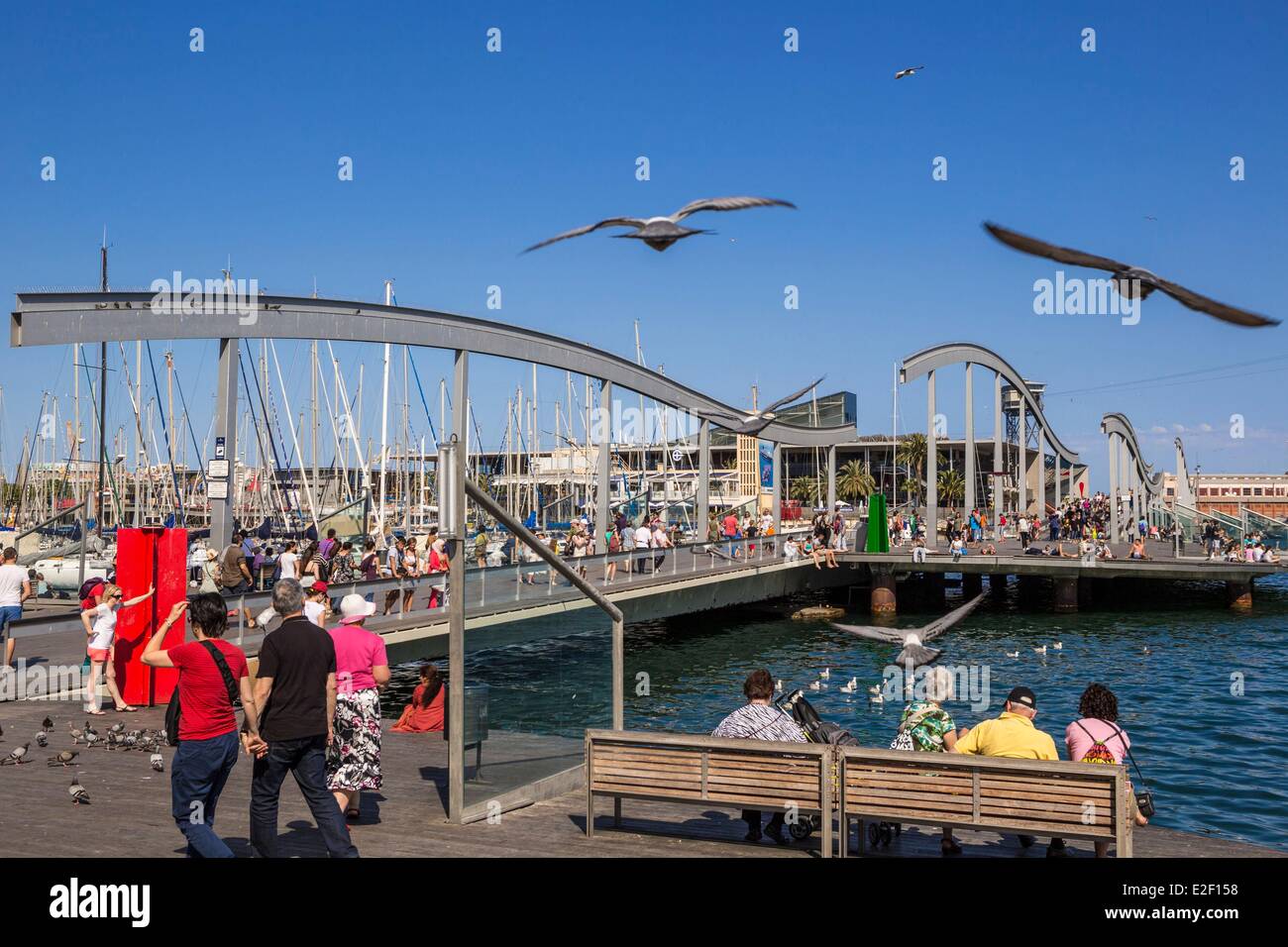 Spain Catalonia Barcelona La Barceloneta Port Vell gateways to the Rambla del Mar the architects Helio Pinon and Albert Viaplana Stock Photo