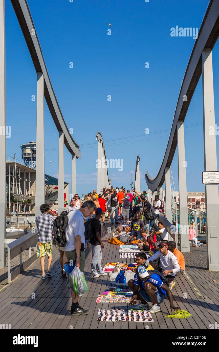 Spain Catalonia Barcelona La Barceloneta Port Vell gateways to the Rambla del Mar the architects Helio Pinon and Albert Viaplana Stock Photo