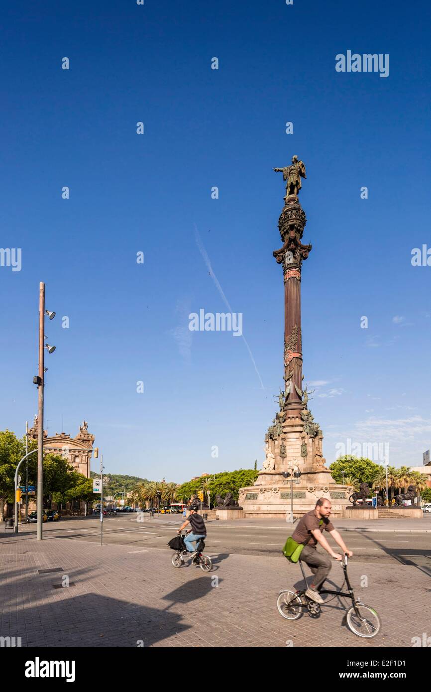 Spain, Catalonia, Barcelona, Port Vell, for the Universal Exhibition of 1888 Columbus column by architect Gaieta Buigas Stock Photo