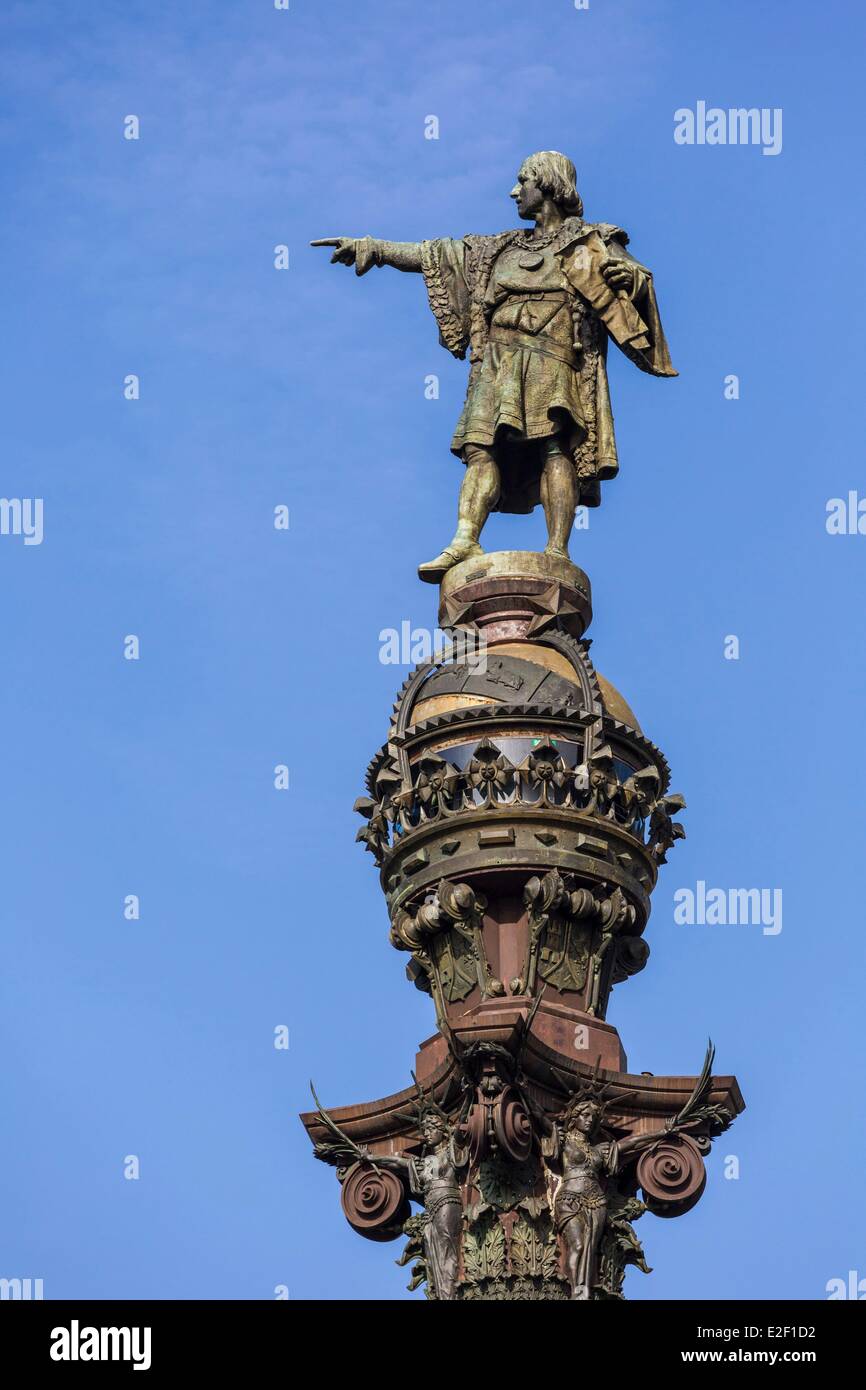 Spain, Catalonia, Barcelona, Port Vell, for the Universal Exhibition of 1888 Columbus column by architect Gaieta Buigas Stock Photo
