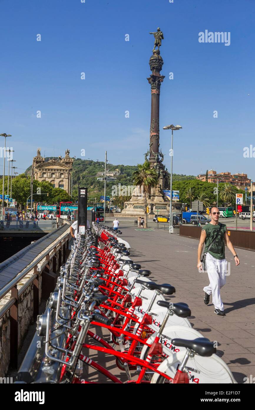 Spain, Catalonia, Barcelona, Barceloneta, Port Vell, Moll de la Fusta, self-service bicycle hire Stock Photo