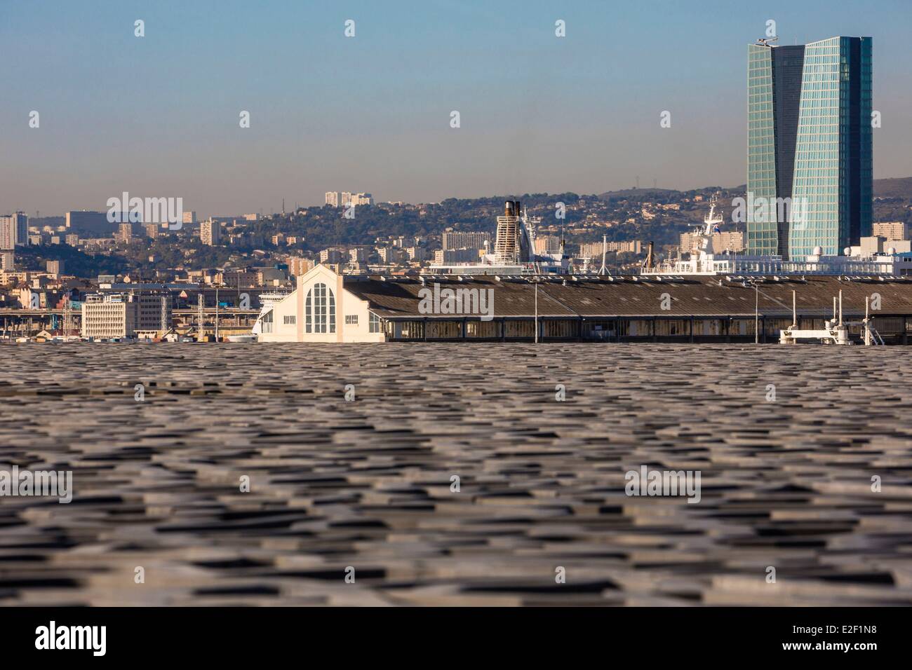 France, Bouches du Rhone, Marseille, European Capital of Culture 2013, the pier J4 MuCEM and CMA - CGM tower Stock Photo