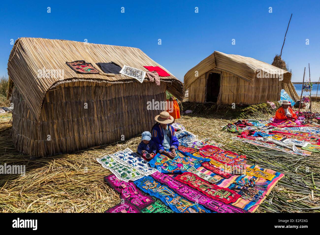 Peru, Puno Province, Lake Titicaca, the descendants of Uros Indians live on floating reed islands and live mainly from tourism Stock Photo
