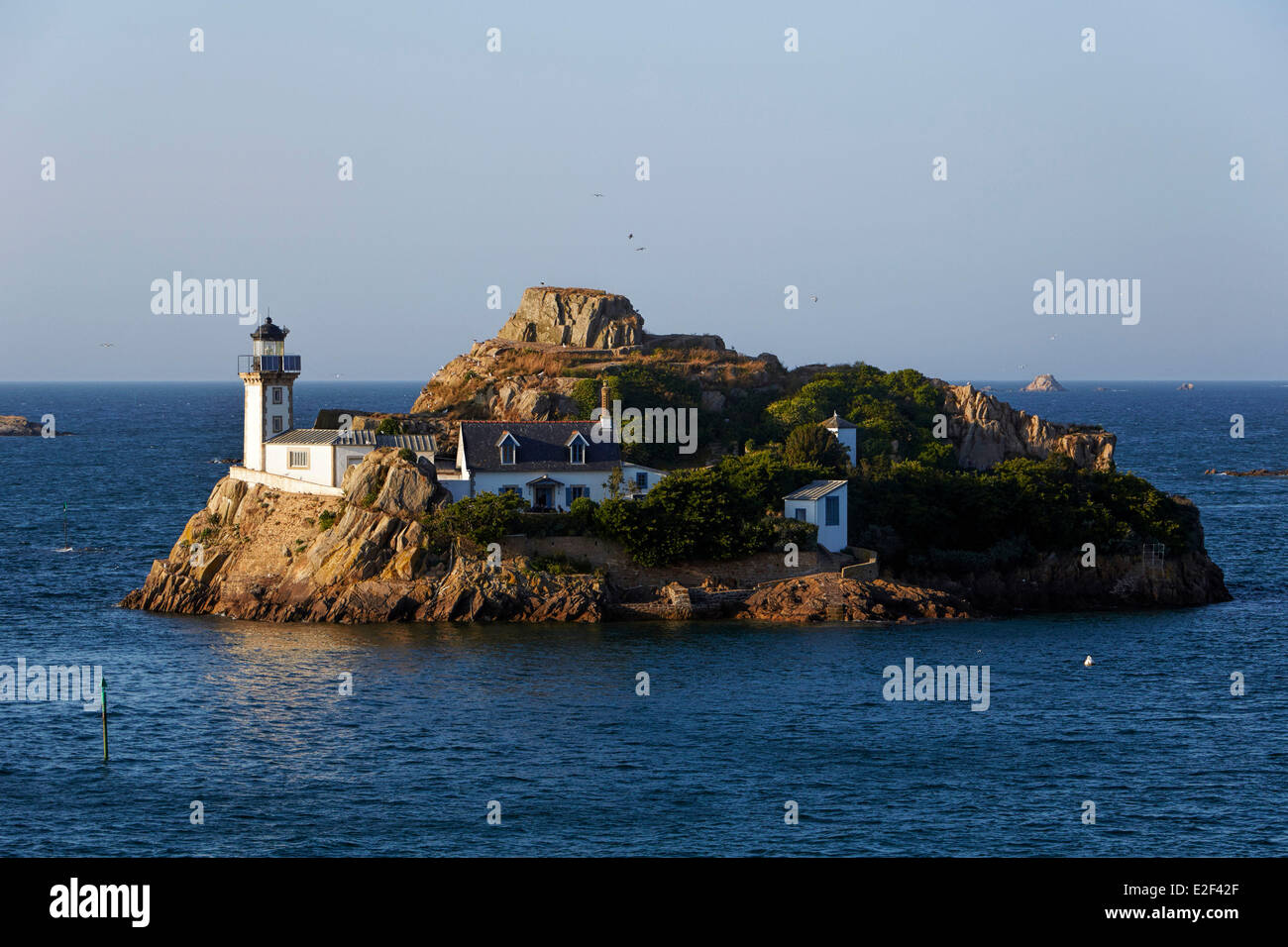 France, Finistere, Morlaix bay, Carantec, Louet island and its lighthouse Stock Photo