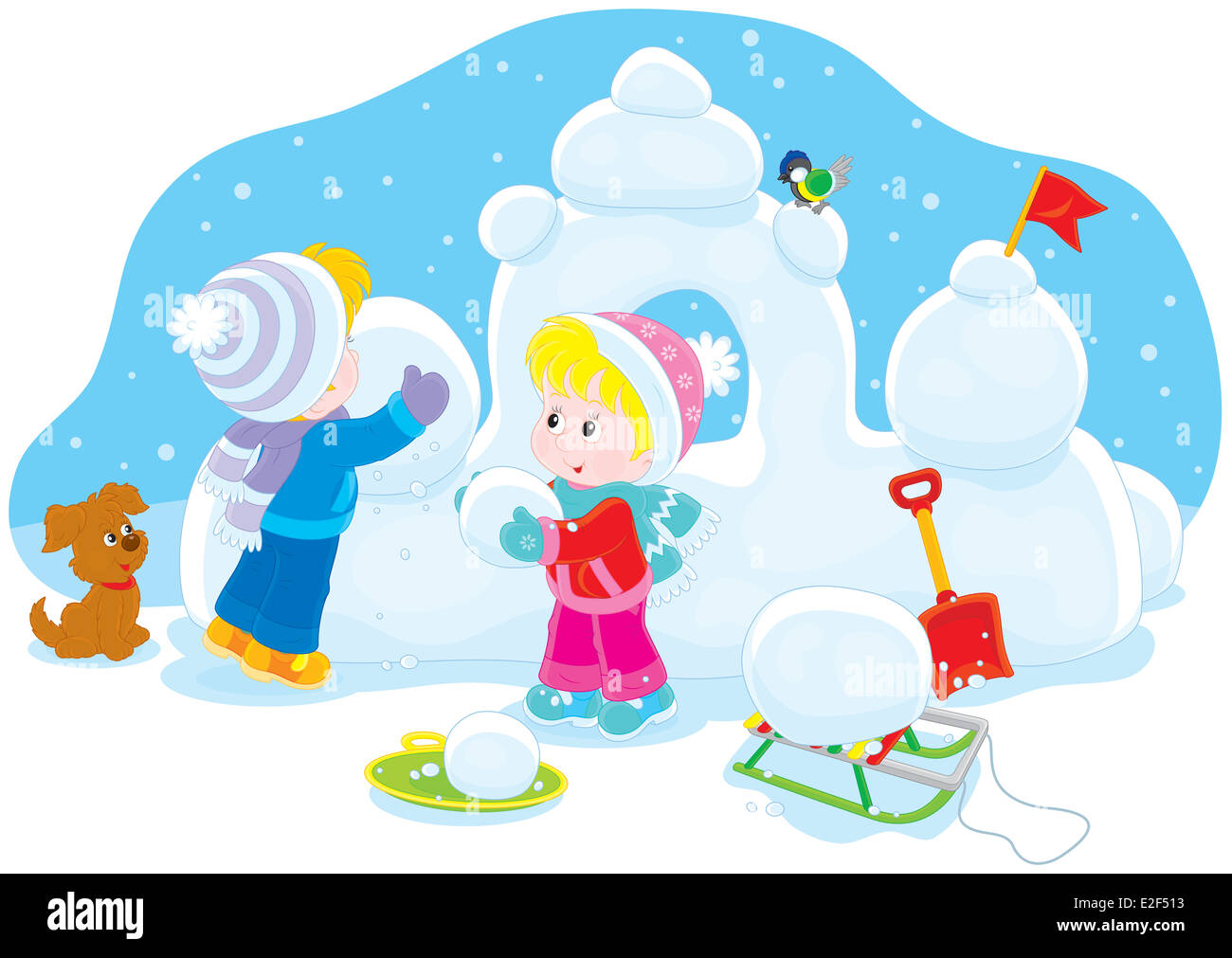 Дети лепят снежную крепость