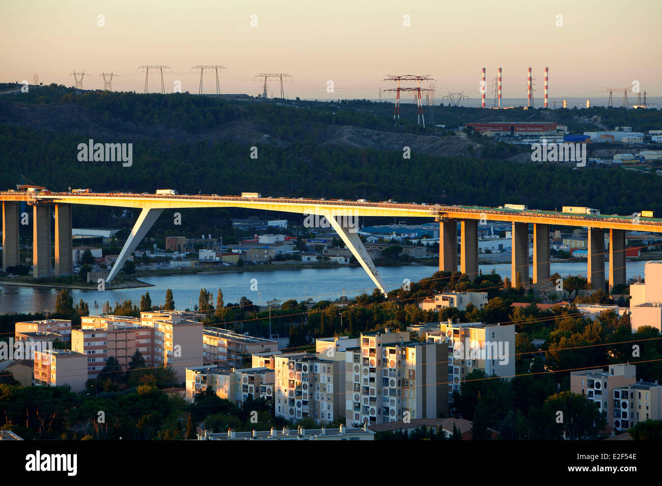 France, Bouches du Rhone, Martigues, the A55 viaduct over the canal of Caronte in the background Lavera Stock Photo