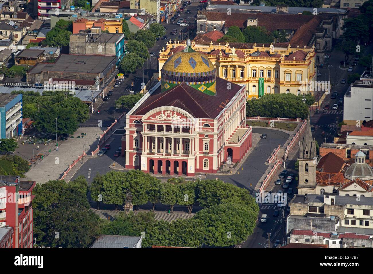 Brazil, Amazonas State, Manaus, Praca Sao Sebastiao, Amazonas theater (aerial view) Stock Photo