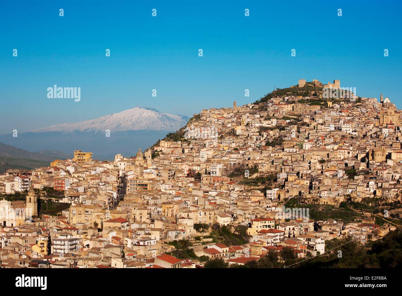 Italy, Sicily, Enna Province, Agira with the Mount Etna listed as World Heritage by UNESCO on the background Stock Photo