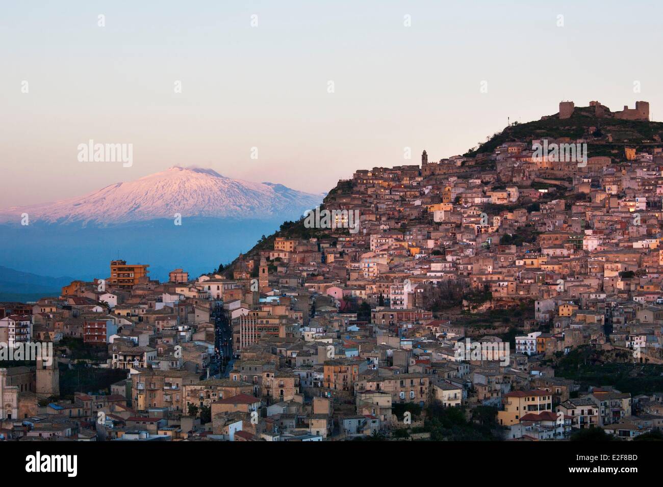 Italy, Sicily, Enna Province, Agira with the Mount Etna listed as World Heritage by UNESCO on the background Stock Photo