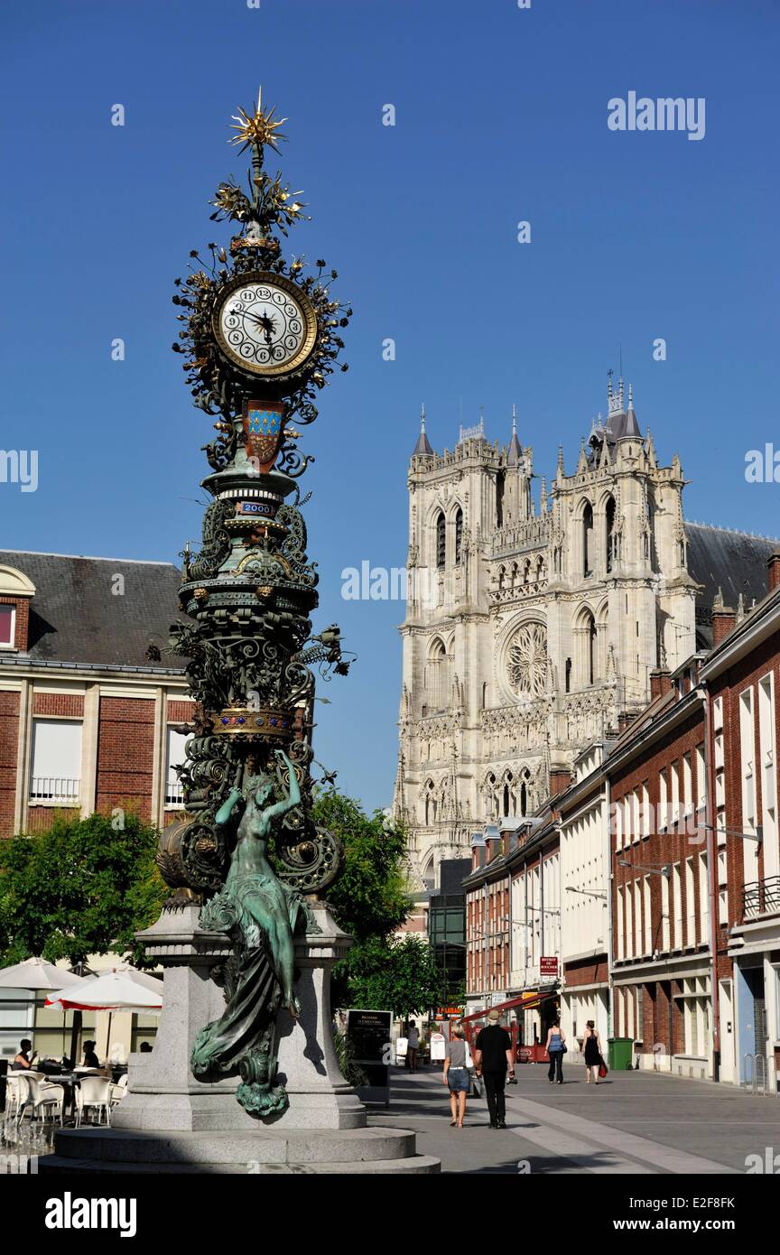 France, Somme, Amiens, clock Dewailly and cathedral Notre Dame listed ...