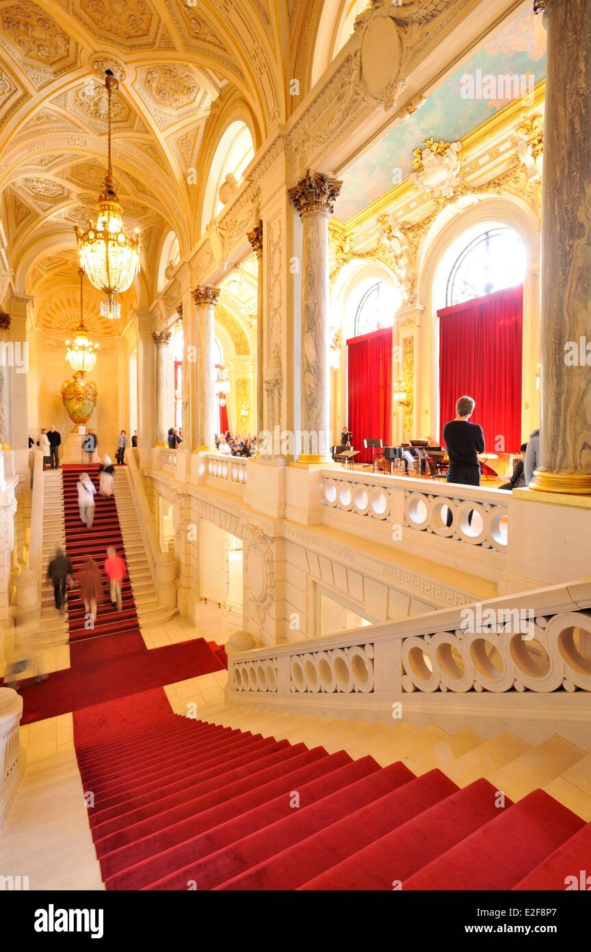 France, Nord, Lille, Lille Opera, grand staircase with steps covered with red carpet Stock Photo