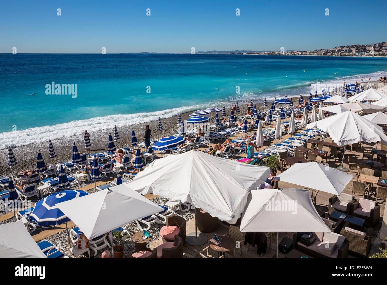 France, Alpes Maritimes, Nice, the beach view from the Promenade des Anglais Stock Photo