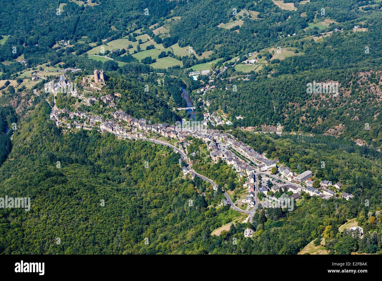 France, Aveyron, Najac, labelled Les Plus Beaux Villages de France (The Most Beautiful Villages of France) (aerial view) Stock Photo