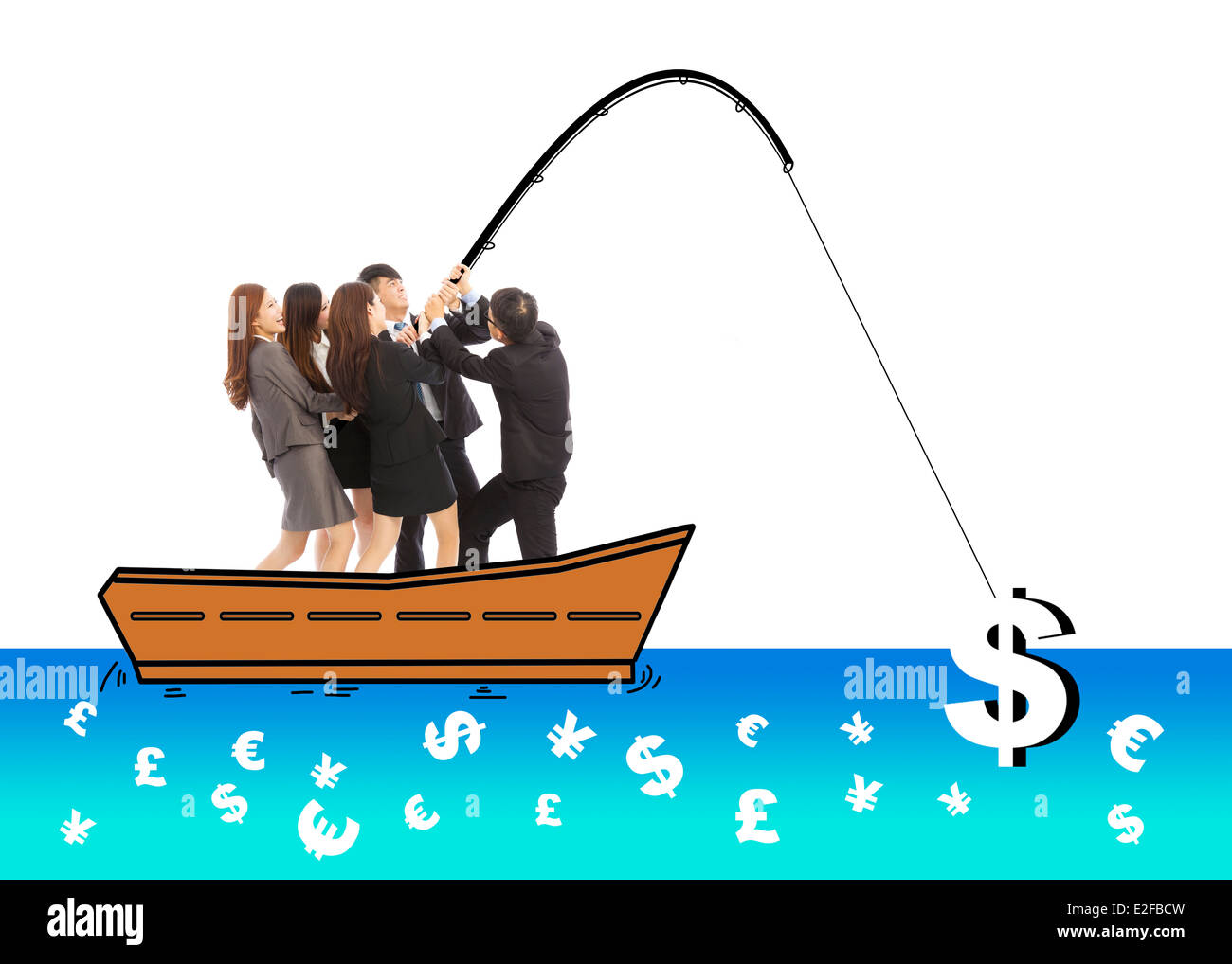 business team go fishing a big money from worldwide market Stock Photo
