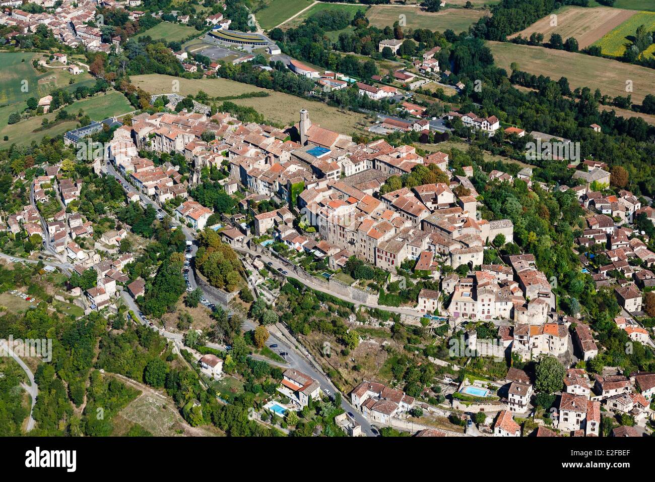 France, Tarn, Cordes sur Ciel, the village perched on the Puech de Mordagne (aerial view) Stock Photo