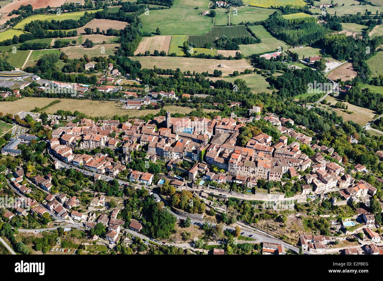 France, Tarn, Cordes sur Ciel, the village perched on the Puech de Mordagne (aerial view) Stock Photo