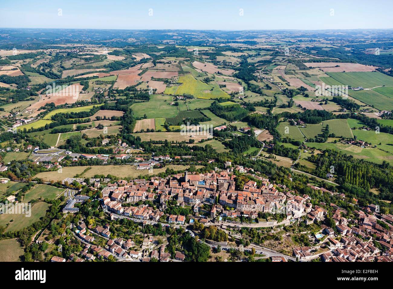 France, Tarn, Cordes sur Ciel, the village perched on the Puech de Mordagne and the surrounding countryside (aerial view) Stock Photo