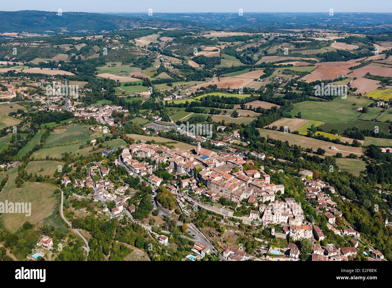 France, Tarn, Cordes sur Ciel, the village perched on the Puech de Mordagne and the surronding countryside (aerial view) Stock Photo