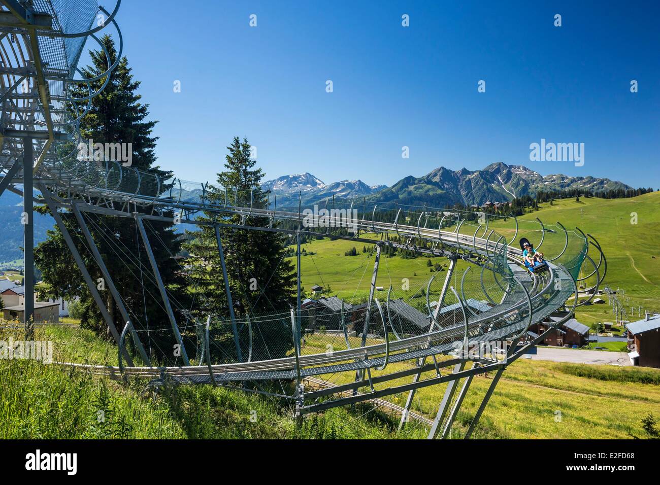 France, Savoie, Beaufortin massif, Les Saisies, sled on rail or moutain twister Stock Photo