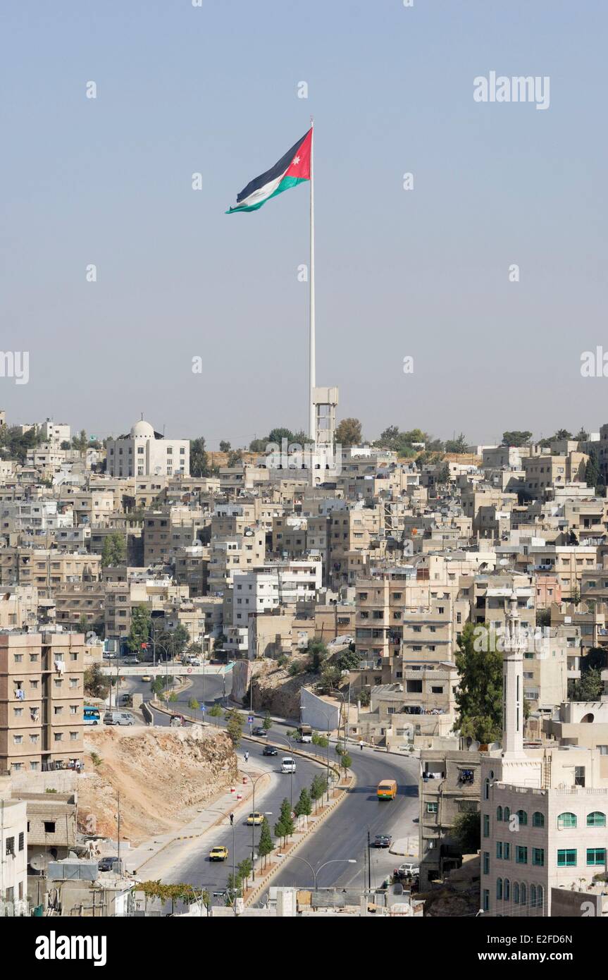 Jordan, Amman Governorate, Amman, view of the city and the giant flag