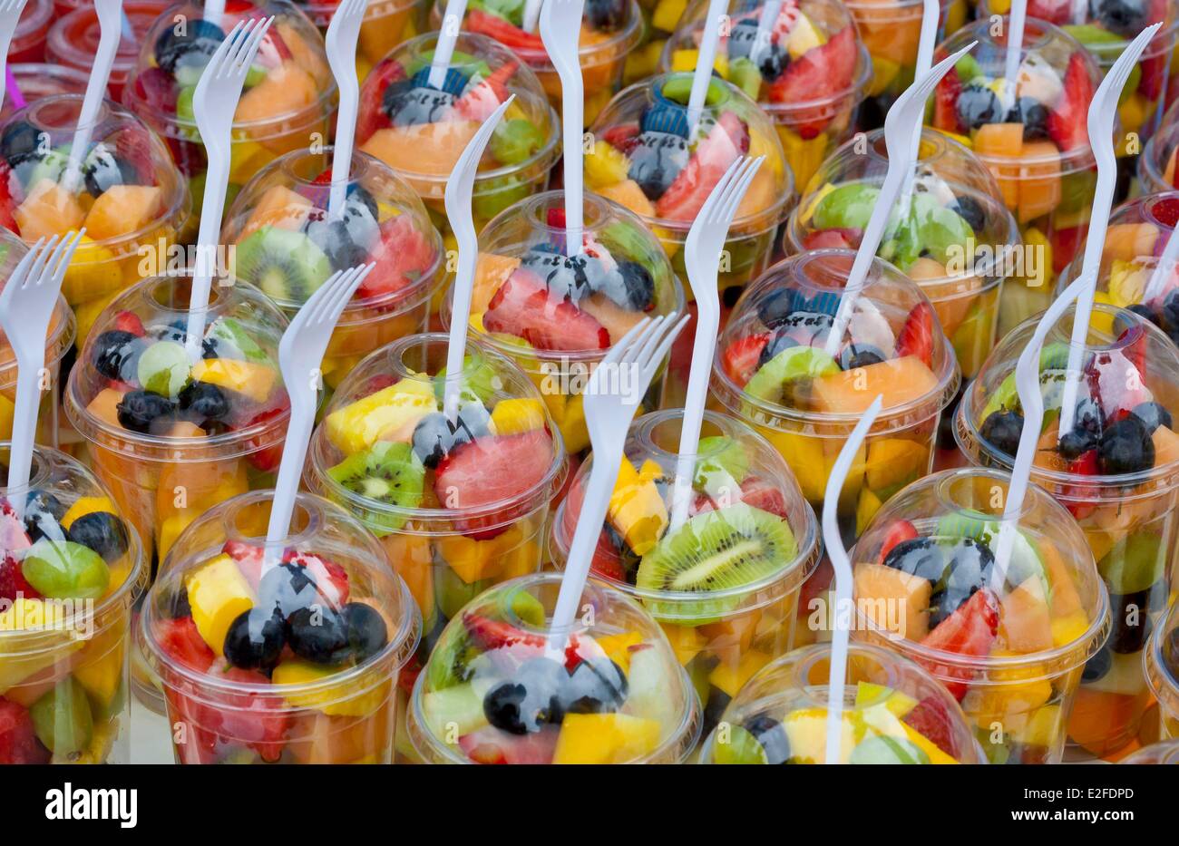 United Kingdom, London, East End, Brick Lane, fresh fruit salad to take out on the market Stock
