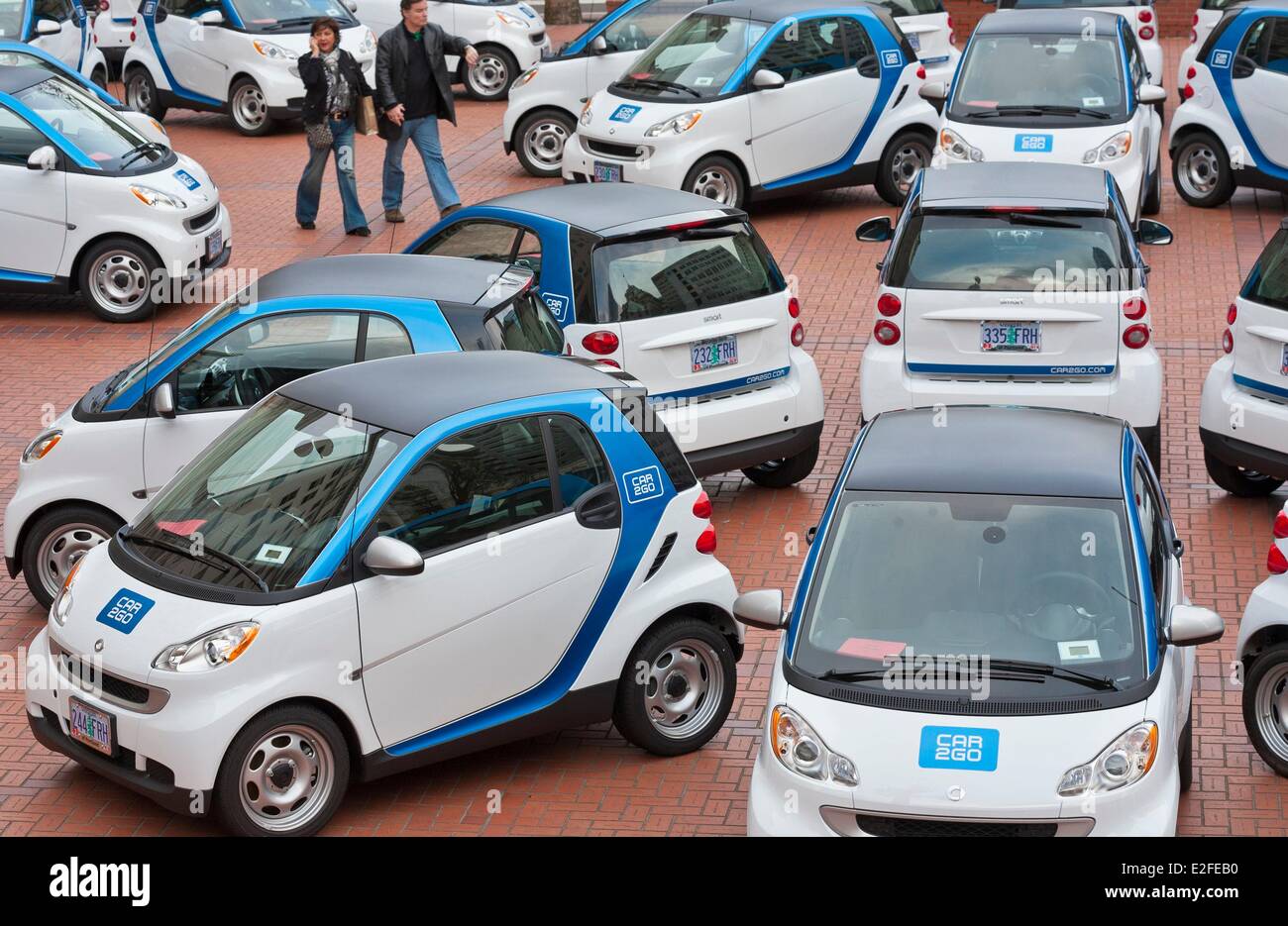 United States Oregon Portland downtown Pioneer Courthouse Square exhibition of new electric Smart car sharing for local brand Stock Photo