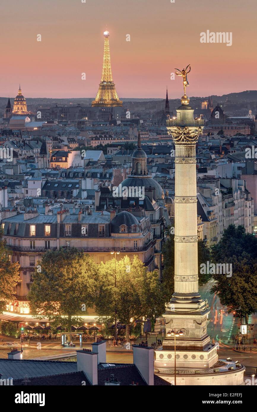France Paris the colonne de Juillet (column of July) on Place de la Bastille and the Eiffel tower (⌐ SETE Illuminations Pierre Stock Photo