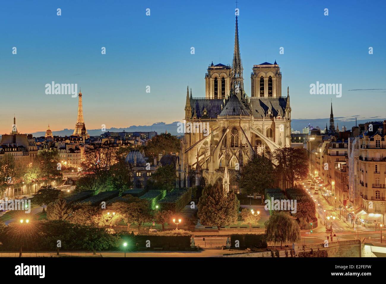 France Paris Notre Dame cathedral on City island with the Eiffel tower illuminated (⌐ SETE illuminations Pierre Bideau) in the Stock Photo