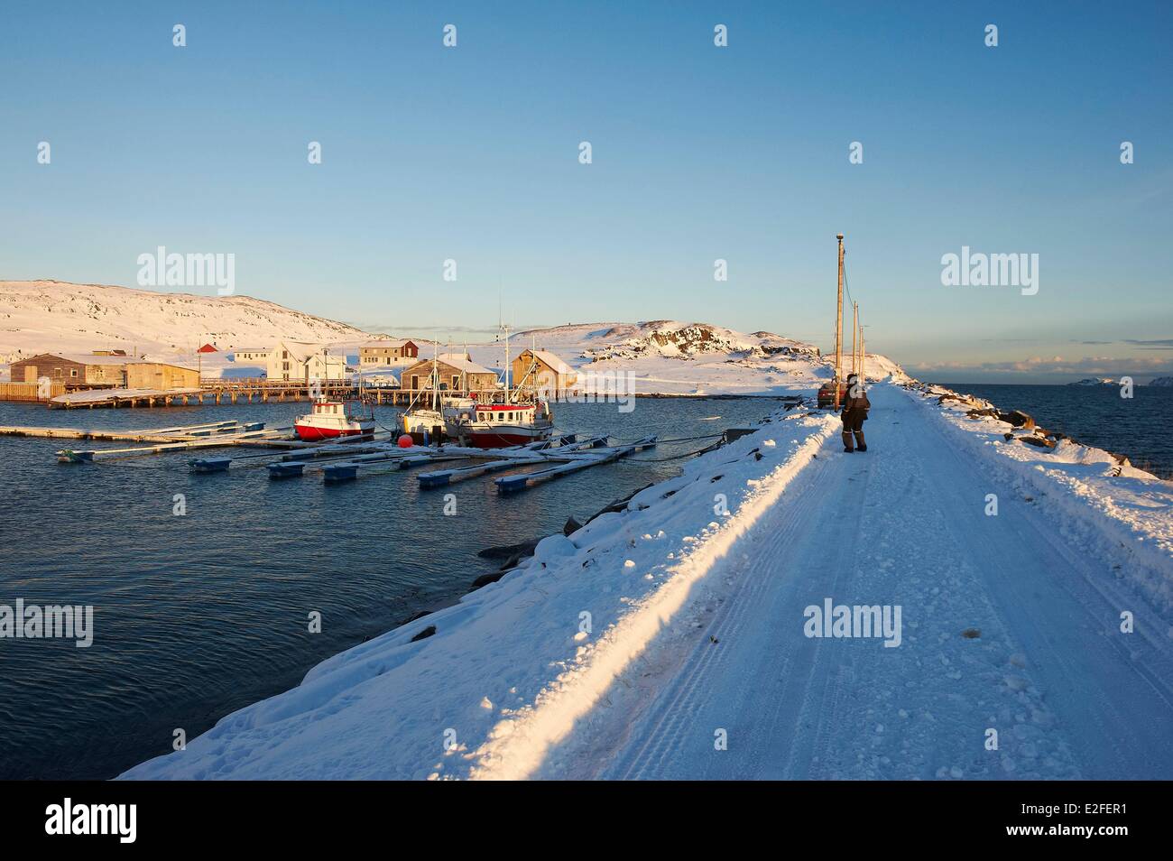 Norway, Finnmark County, Varanger peninsula, Winter, polar night, Konfjord fisching harbour Stock Photo