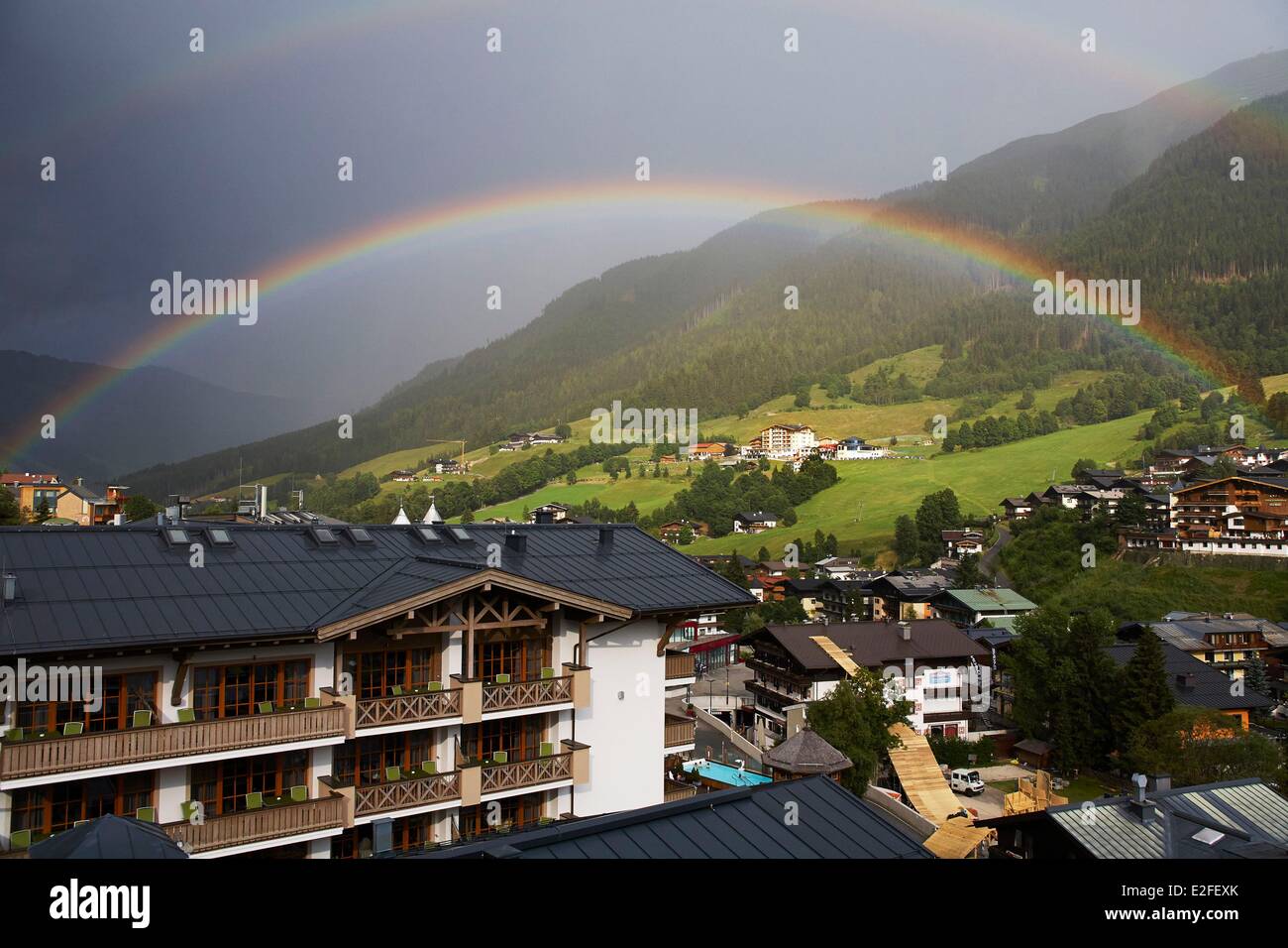 Austria, Land of Salzburg, Hinterglemm, Double rainbow in Saalbach Hinterglemm valley Stock Photo