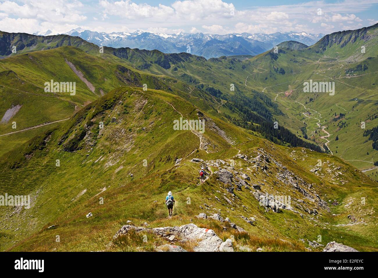 Austria, Land of Salzburg, Kitzbuhel Alps, Saalbach Hinterglemm, Saalbach Hinterglemm valley, view of High Tauern mountain range Stock Photo