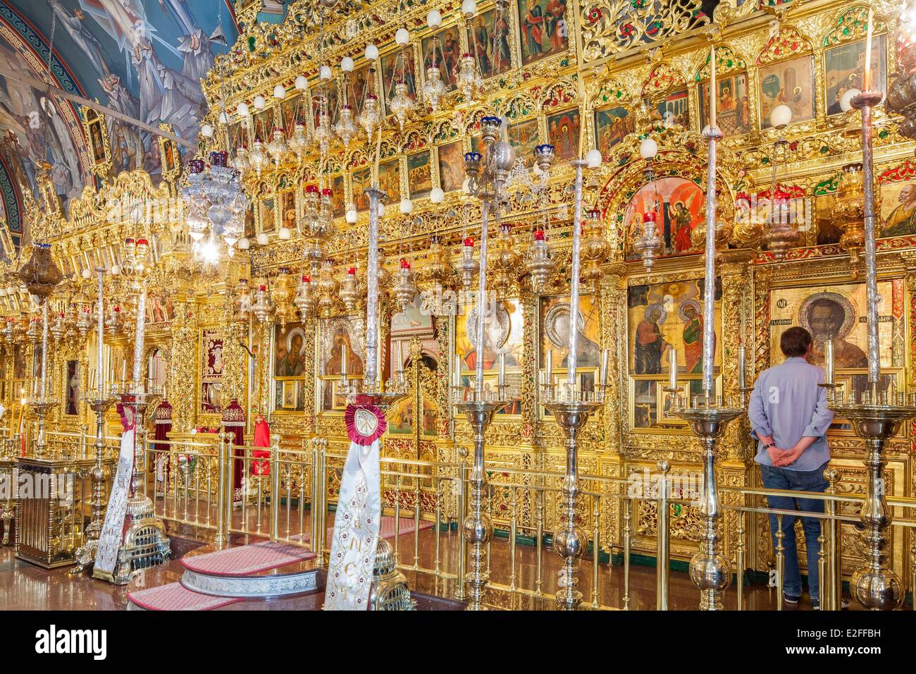 Cyprus Troodos Mountains Kykko Orthodox monastery (Panagia tou Kykkou) based ont the 11th century iconostasis with icons of the Stock Photo