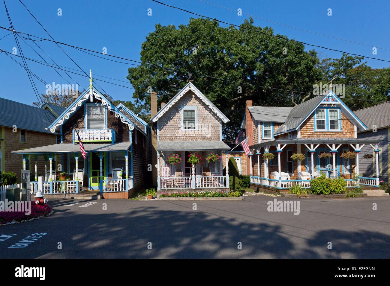 United States Massachusetts Cape Cod Martha's Vineyard island Oak Bluffs the Campground Trinity Park and its Gingerbread Stock Photo