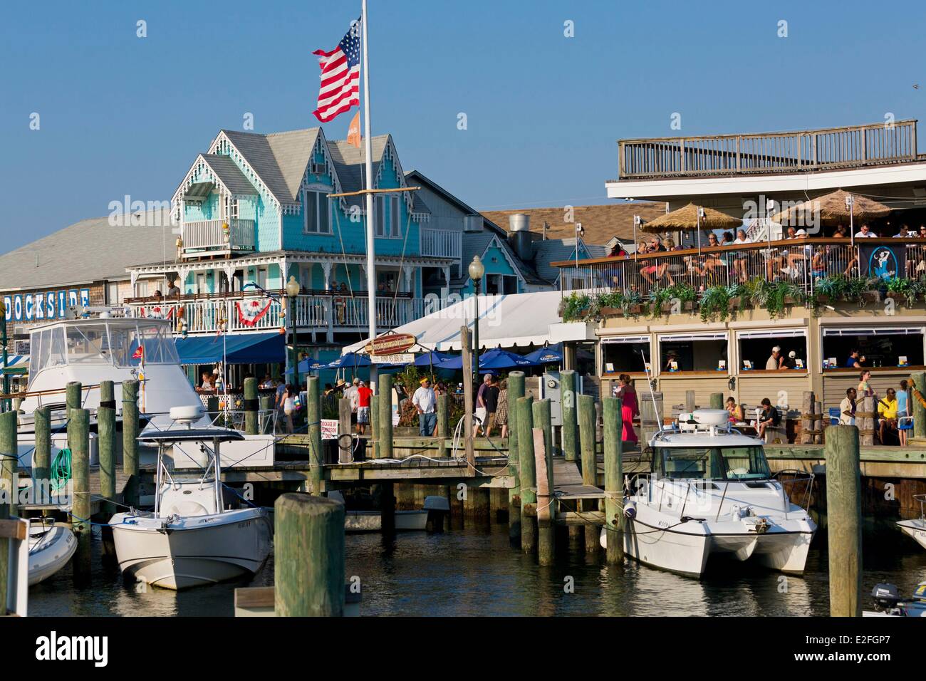United States, Massachusetts, Cape Cod, Martha's Vineyard island, Oak Bluffs, marina and restaurants Stock Photo